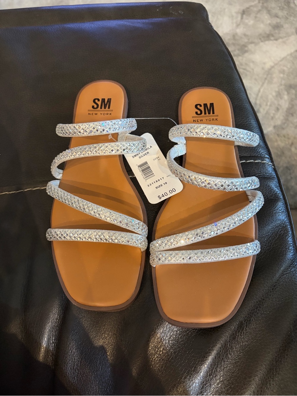 SM New York Silver Crystal Multi-Strap Slide Sandals